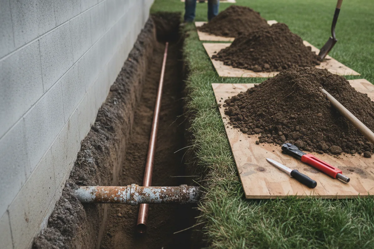 Excavated water line trench during Water Heater Repair in Tremont City